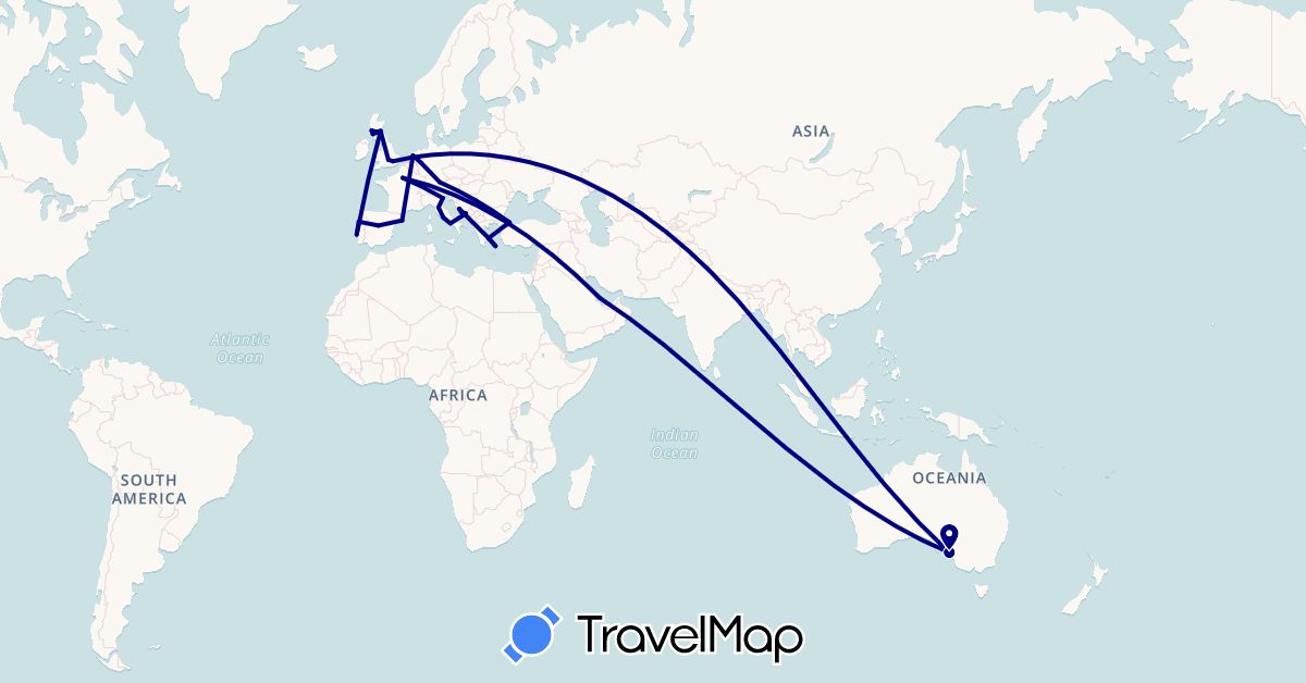 TravelMap itinerary: driving in Australia, Germany, Spain, France, United Kingdom, Greece, Croatia, Italy, Netherlands, Portugal, Qatar, Turkey (Asia, Europe, Oceania)